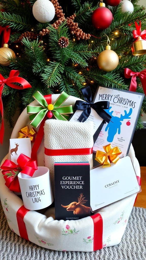 A collection of Christmas gifts including a mug, blanket, chocolates, and a voucher under a Christmas tree.